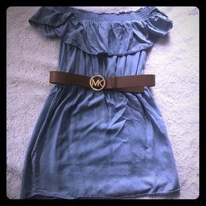 Express off the shoulder dress in chambray blue